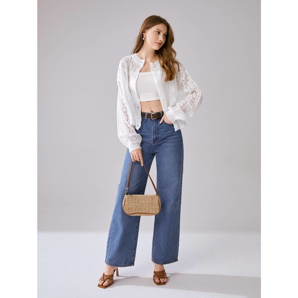 White Pointelle Knit Drop Shoulder Cardigan Sweater Boho - Picture 2 of 4